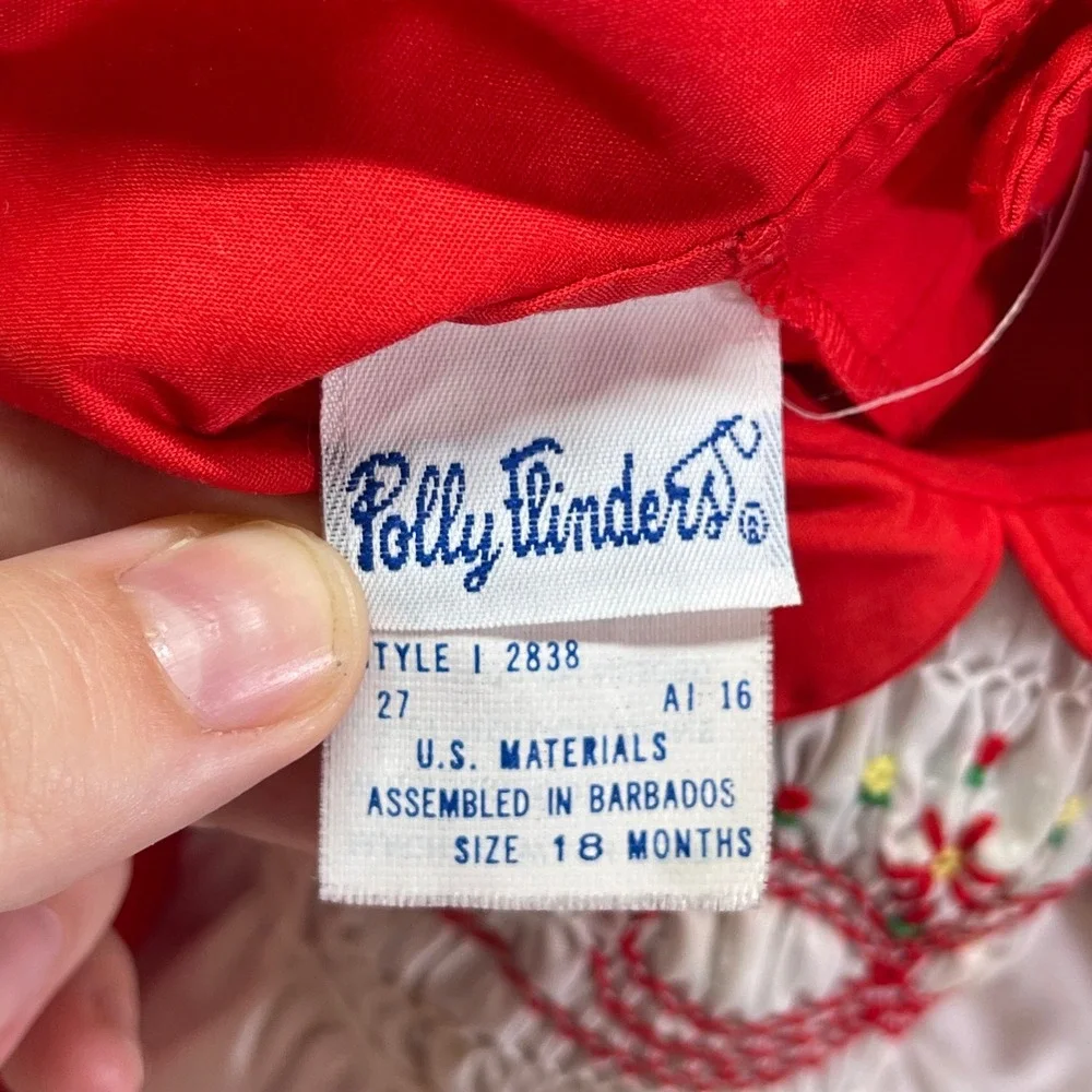 Vintage Polly Flinders Dress Baby Girl 18M Red White Smocked Embroidered Cottage